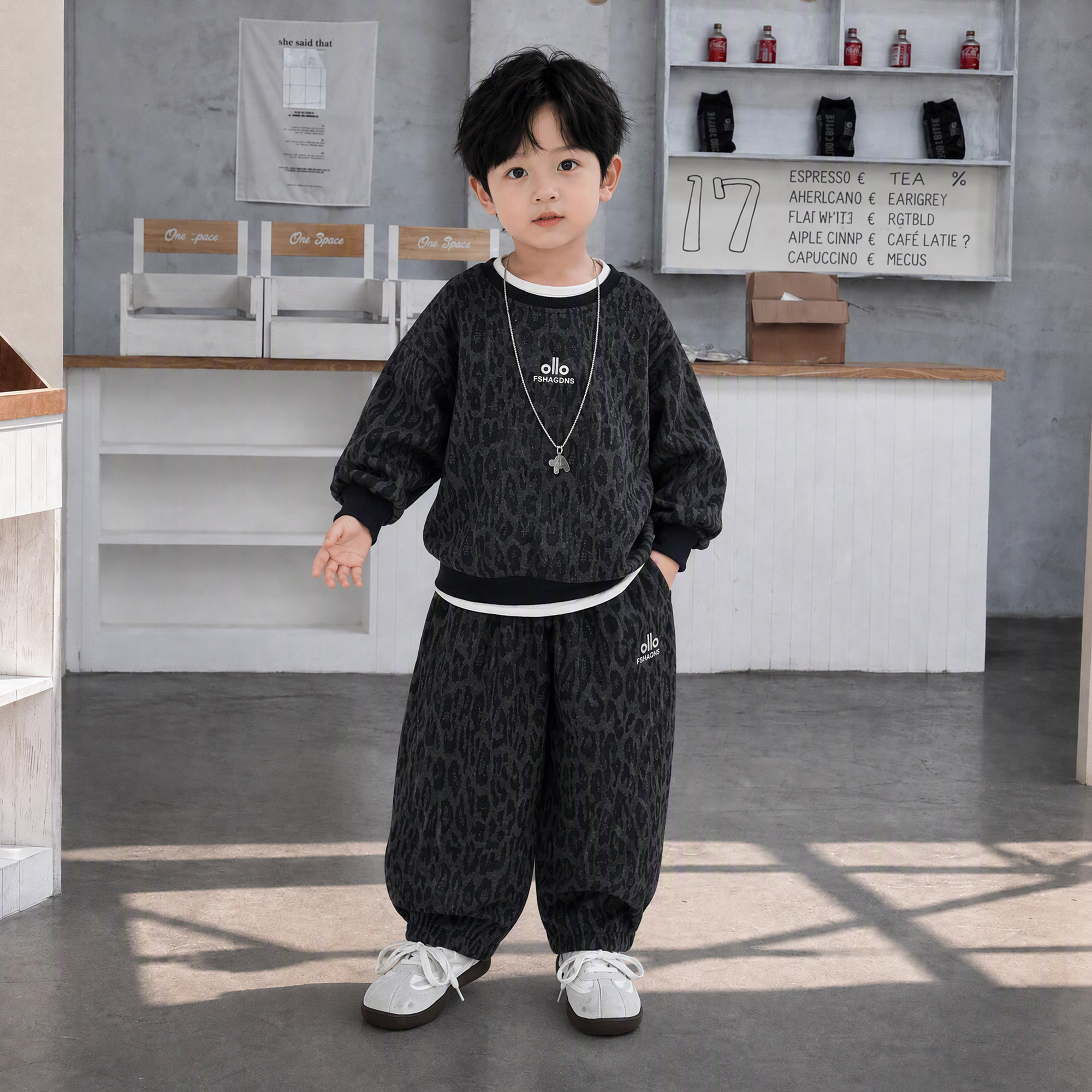 男宝春秋新款男童长裤套装豹纹卫衣两件套装韩版时尚长袖运动套装