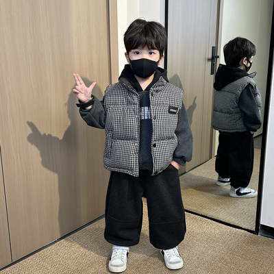男童加绒套装冬装2025新款儿童秋冬季加厚马甲时髦男孩卫衣三件套