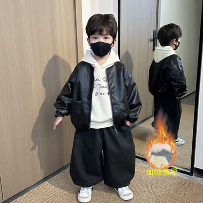 男童秋冬皮衣卫衣三件套