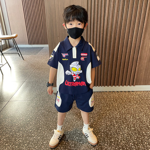 奥特曼衣服男童夏装套装2026新款时髦痞帅气儿童夏季短袖机车服潮