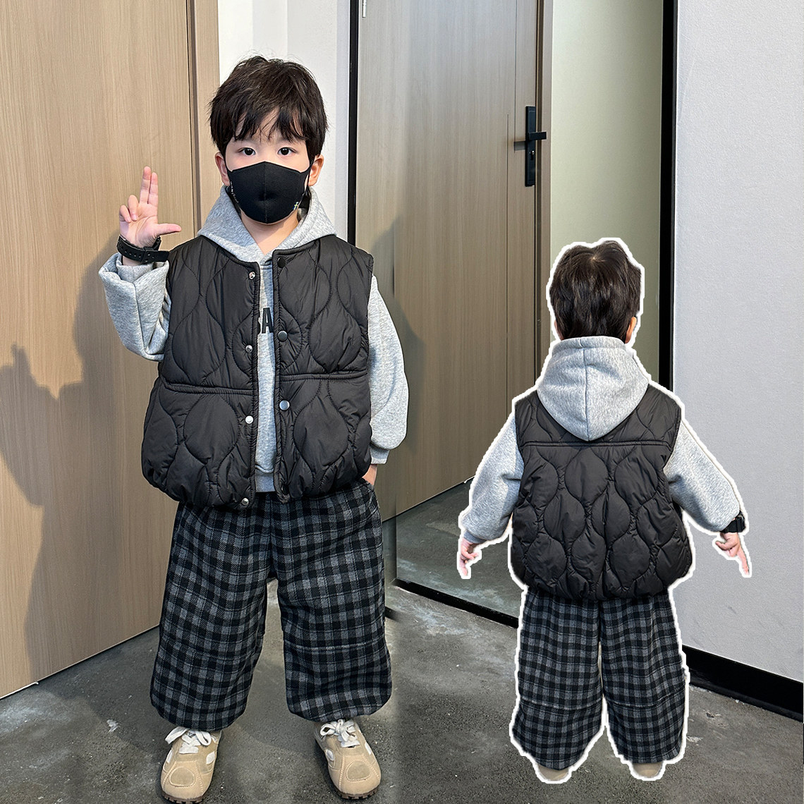 男童冬装加厚套装2025新款儿童秋冬男孩加绒卫衣马甲保暖三件套潮