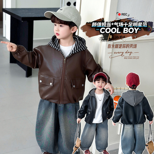 童装 儿童假两件连帽拉链夹克男孩时尚 潮 2026新款 男童皮衣外套春季