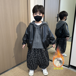 儿童秋冬加厚毛衣宝宝休闲裤 2025新款 三件套 冬装 男童加绒皮衣套装