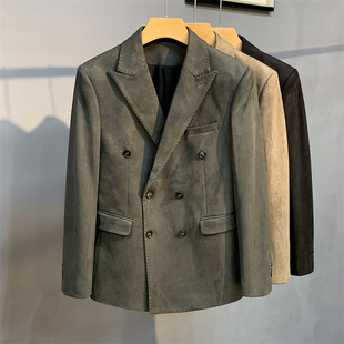 西服潮流纯色单西外套 外套轻奢雅痞双排扣修身 男士 休闲麂皮绒西装
