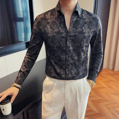 韩版修身印花V领长袖衬衫痞帅时尚男士休闲花衬衣高级感潮流上衣