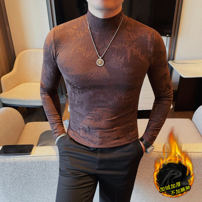 冬季加绒提花长袖T恤男士修身潮流时尚半高领保暖打底衫百搭上衣,男装,T恤,淘宝优惠券,粉丝福利购,淘宝优惠卷