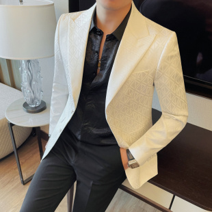 秋装男士印花西装外套商务休闲时尚简约西服痞帅潮流修身单西便服