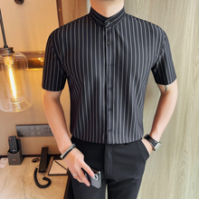 夏季修身条纹冰丝立领衬衫男士薄款休闲短袖衬衣轻奢时尚百搭上衣