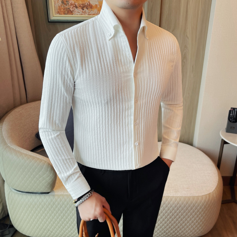 商务休闲男士长袖衬衫秋冬新款条纹修身百搭衬衣英伦时尚V领上衣