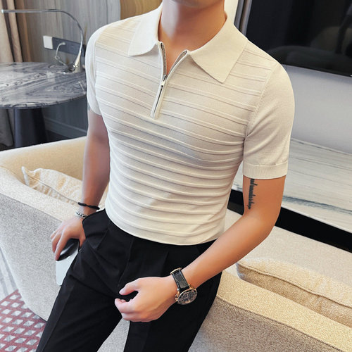 老钱风条纹半拉链冰丝针织衫男士修身翻领短袖T恤时尚休闲POLO衫