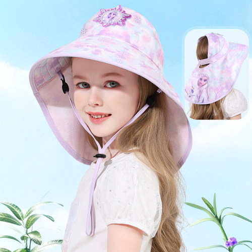 迪士尼儿童太阳帽女童大帽檐渔夫帽夏季遮阳帽披肩防晒出门沙滩帽