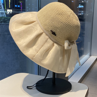 夏季 蝴蝶结渔夫帽女百搭出游太阳帽防紫外线黑胶遮阳帽子 大檐新款