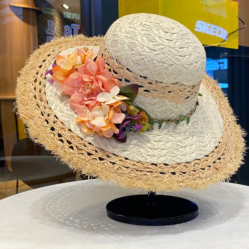 手工花朵拉菲草大檐草帽女夏季户外出游遮阳帽海边沙滩防晒太阳帽