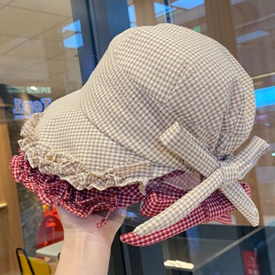加大帽檐遮阳帽女日系蝴蝶结格子遮脸鸭舌帽防晒大头围渔夫棒球帽