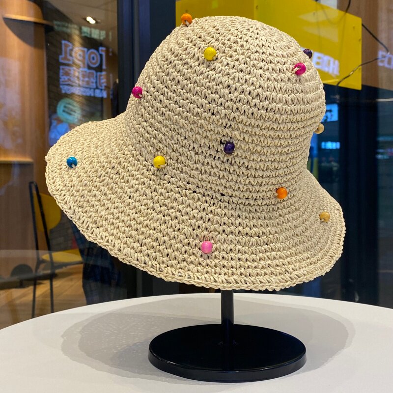 甜美彩色珠子草帽女夏季编织可折叠防晒遮阳帽户外大檐透气渔夫帽
