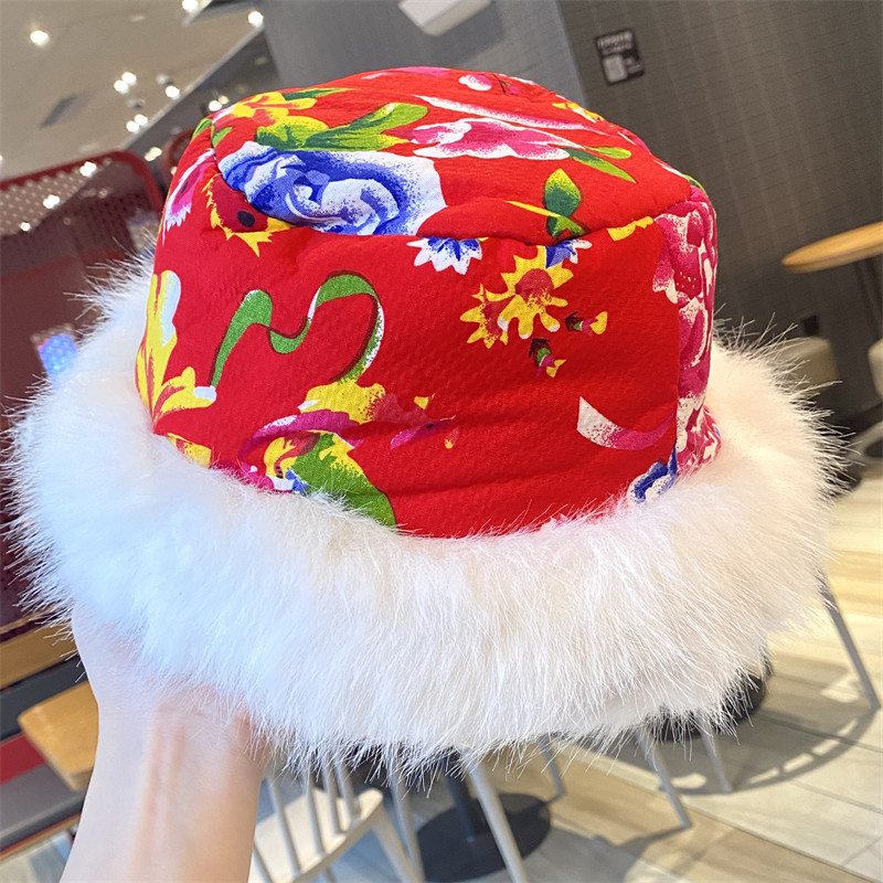 中国风东北大花布毛绒盆帽男女秋冬新款加厚加绒渔夫帽保暖护耳帽
