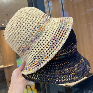 镂空草编渔夫帽女夏季 彩色拼接透气遮阳盆帽百搭显脸小防晒太阳帽