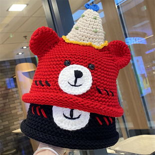 卡通可爱小熊针织帽子女秋冬保暖学生毛线帽百搭显脸小套头包头帽