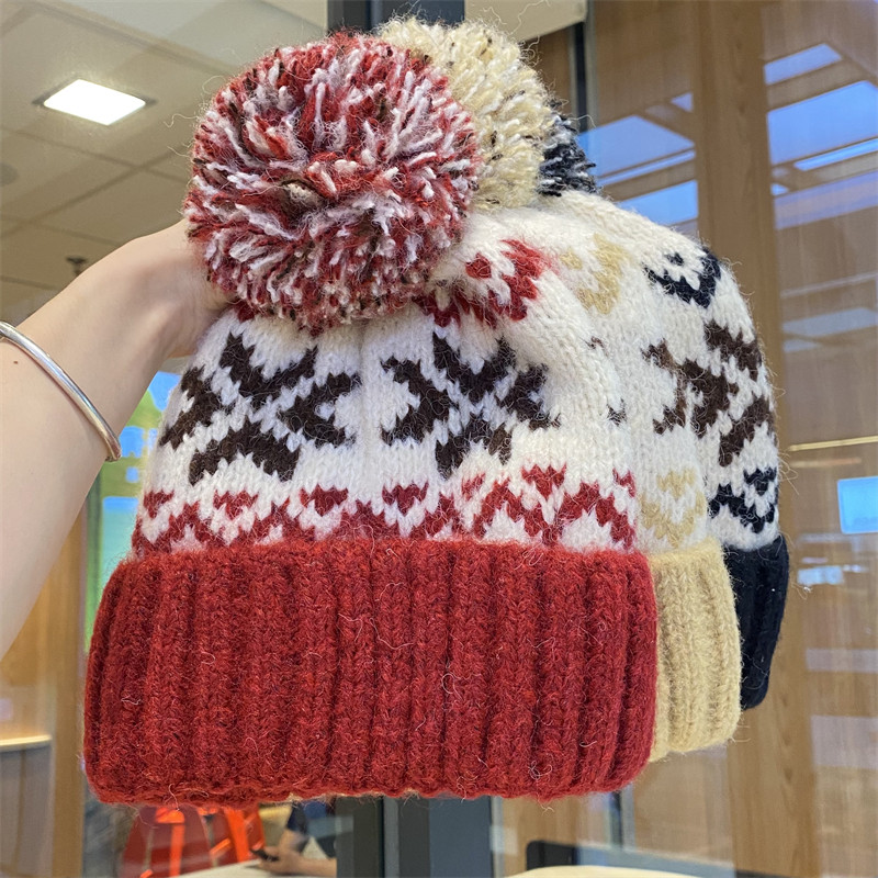 女士针织帽秋冬季新款加厚加绒保暖护耳毛线帽费尔岛风提花套头帽