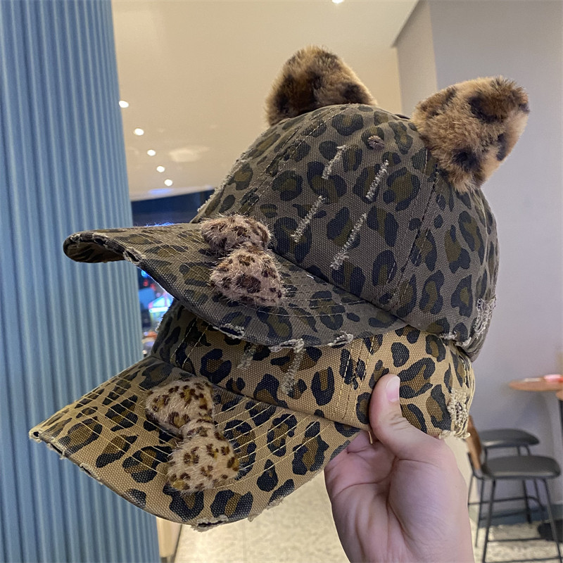 潮牌复古做旧豹纹鸭舌帽女春夏季