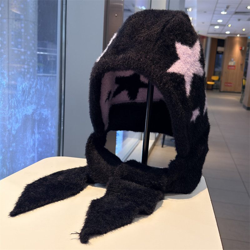 毛绒针织星星帽子围巾一体女秋冬季保暖显脸小护耳帽男围脖连帽子