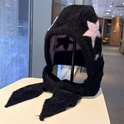 毛绒针织星星帽子围巾一体女秋冬