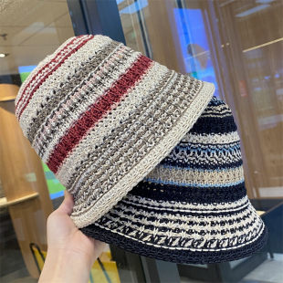 拼色条纹编织渔夫帽春夏季 帽子女 百搭水桶帽显脸小防晒遮阳帽新款