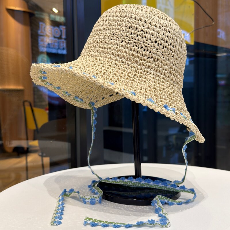 小清新碎花绑带编织草帽女夏季帽