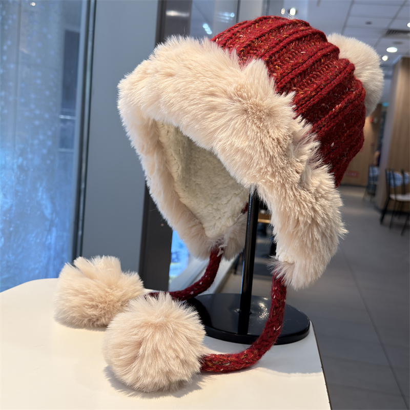 甜美可爱毛球护耳毛线帽子女冬季
