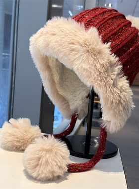 甜美可爱毛球护耳毛线帽女冬季加厚针织百搭包头帽户外保暖雷锋帽