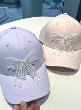 2024春夏女丝光珍珠蝴蝶结棒球帽出游甜美可爱遮阳帽显脸小鸭舌帽
