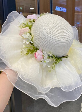 法式网纱花朵大帽檐沙滩草帽女夏季新款渔夫帽海边遮阳防晒太阳帽