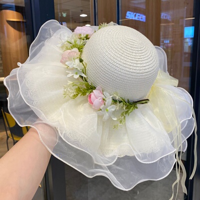法式网纱花朵大帽檐沙滩草帽女夏