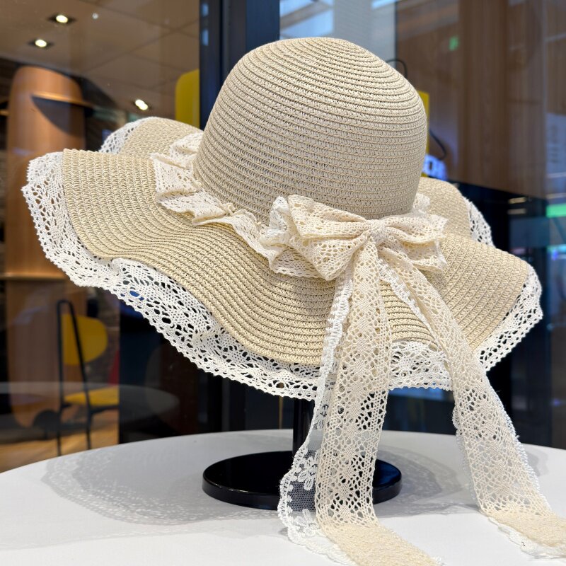 蕾丝花边蝴蝶结草帽女夏季遮阳帽