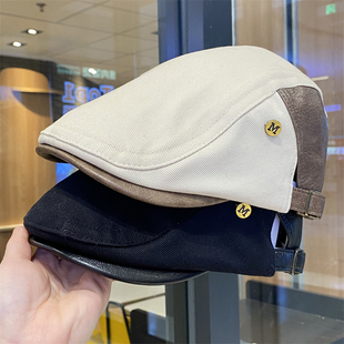 美式 复古拼接前进帽女英伦气质显脸小反戴贝雷帽大头围画家鸭舌帽