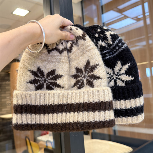 冬季费尔岛毛球针织毛线帽女百搭