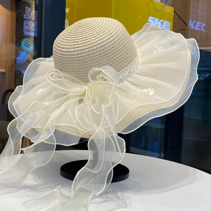 蕾丝蝴蝶结波浪边沙滩草帽女夏季