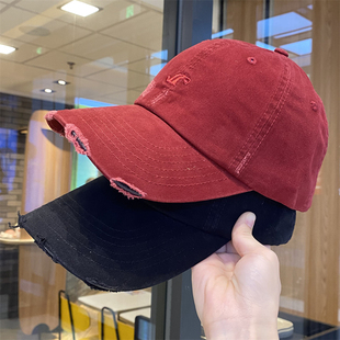 休闲时尚 新款 百搭显脸小鸭舌帽 做旧破洞防晒棒球帽男女春秋季 韩版