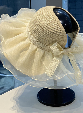 可扎马尾空顶草编帽女夏季蕾丝边遮阳太阳帽户外度假海边防晒草帽