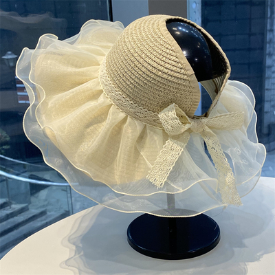 可扎马尾空顶草编帽子女夏季蕾丝