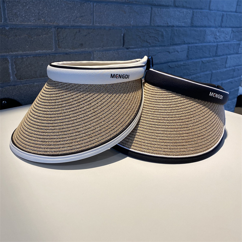 夏季新款女时尚拼色草编黑胶空顶帽百搭出游太阳帽防紫外线大檐帽