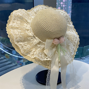 法式甜美蝴蝶结草帽女田园蕾丝防晒太阳帽夏季度假海边遮阳沙滩帽