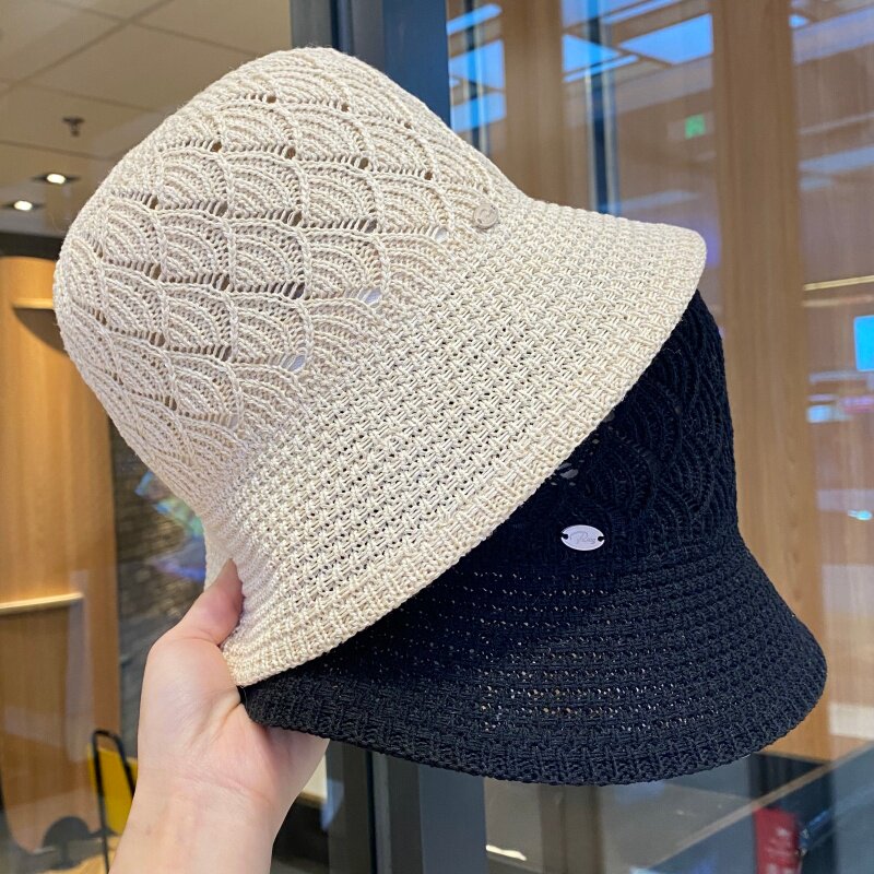 纯色简约镂空透气渔夫帽女夏季休闲百搭可折叠盆帽海边沙滩遮阳帽