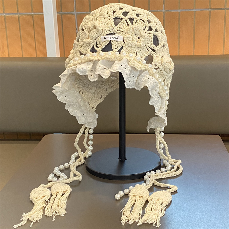 波西米亚珍珠流苏针织帽女日系新款蕾丝镂空包头帽时尚百搭套头帽,服饰配件/皮带/帽子/围巾,帽子,淘宝优惠券,粉丝福利购,淘宝优惠卷