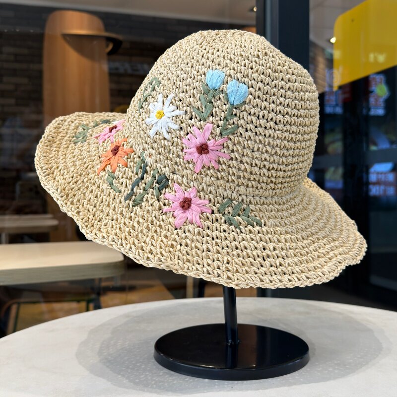 小清新花朵镂空草编帽子女夏季田园风海边度假防晒草帽大帽檐盆帽