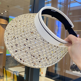 新款 户外出游防紫外线遮脸防晒帽空顶遮阳帽 亮片大檐空顶帽女夏季