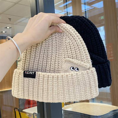 日系小眼睛保暖针织帽女秋冬季帽