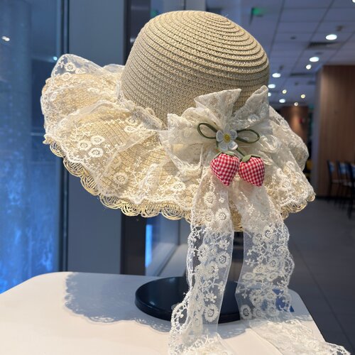 法式蕾丝花边大檐草帽女夏季草莓