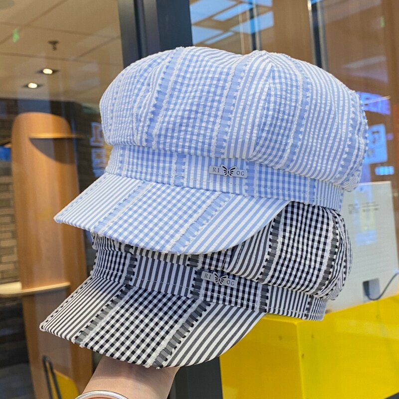 日系新款格纹八角帽女春夏季百搭