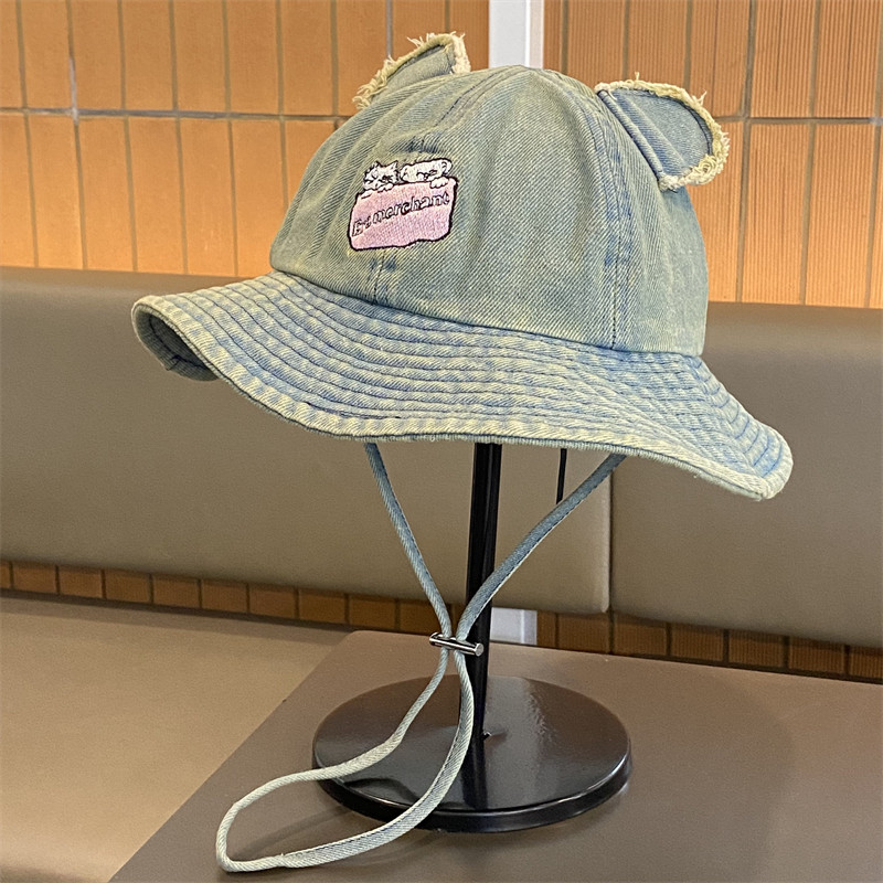 卡通小熊耳朵牛仔渔夫帽子女春夏